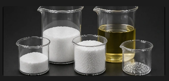 Glass beakers containing white additive pellets, clear pellets, and liquid additive