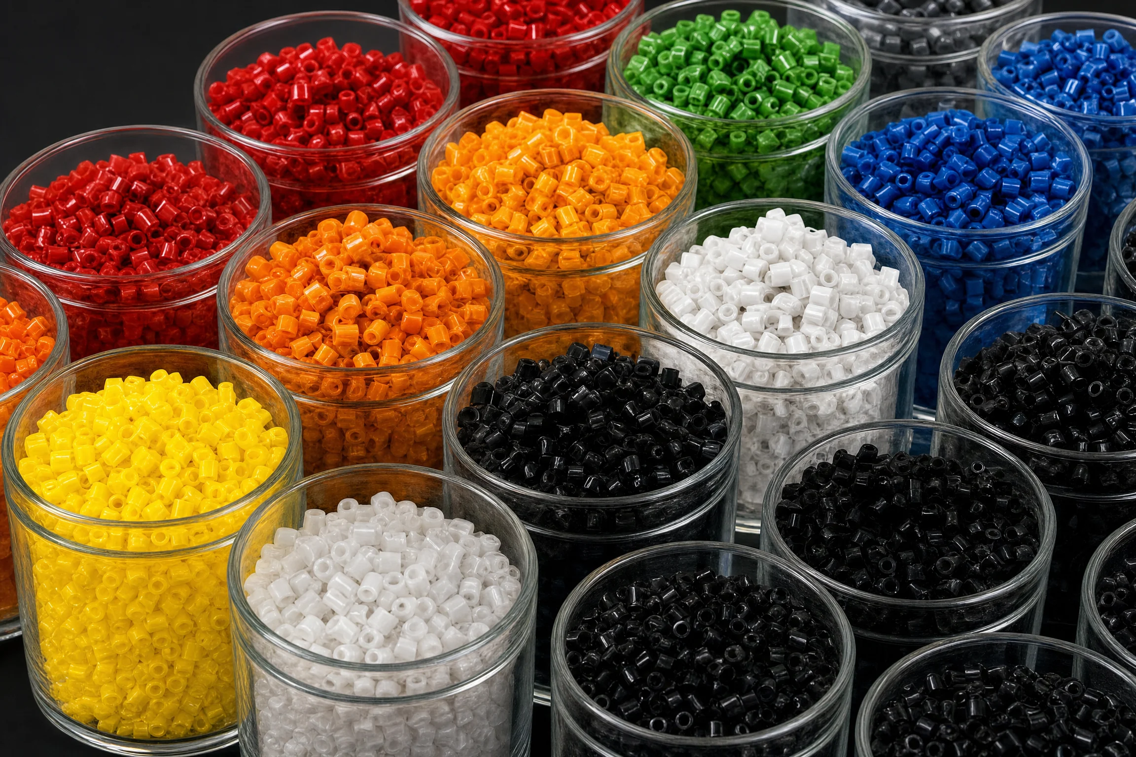 Color masterbatch pellets in glass containers